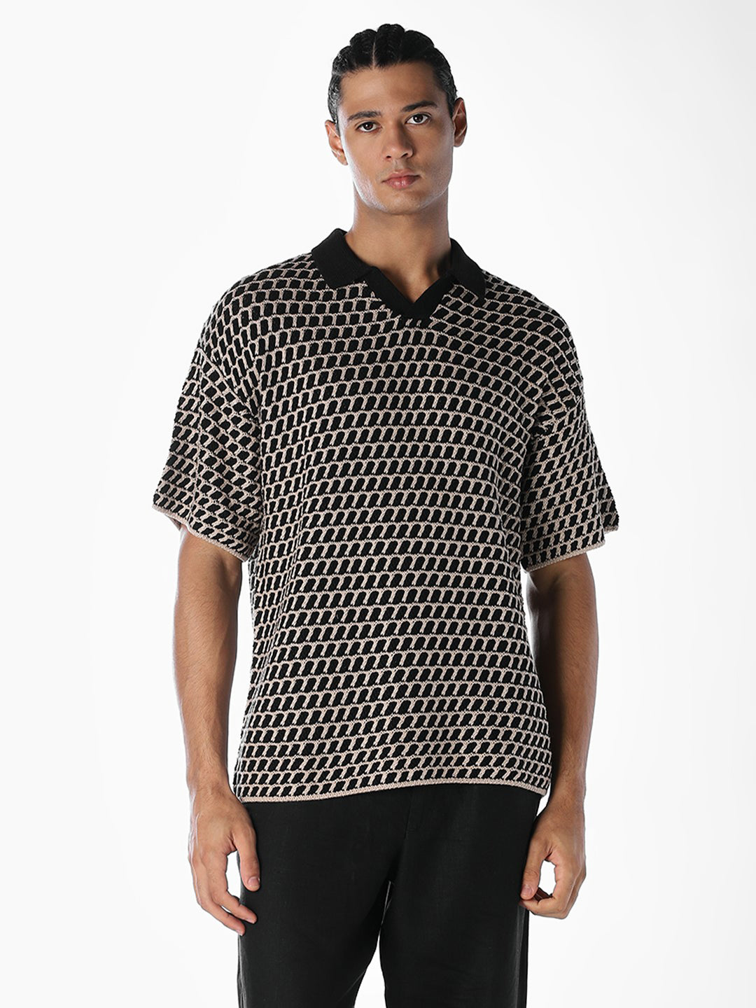Jacquard Knitted Split Neck Polo