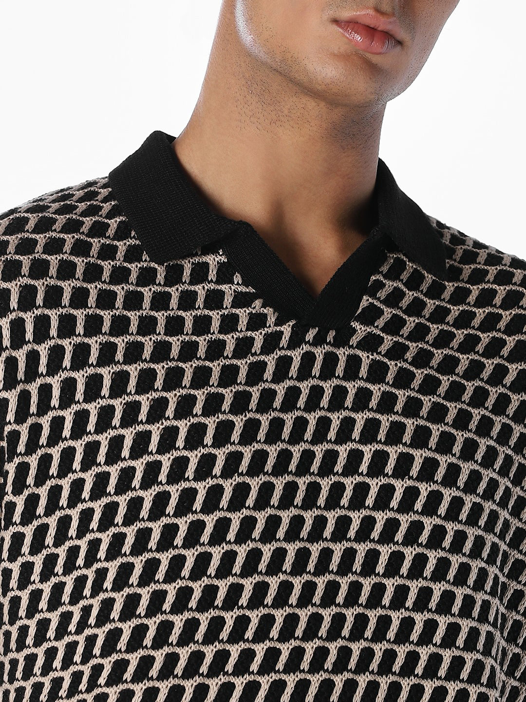 Jacquard Knitted Split Neck Polo
