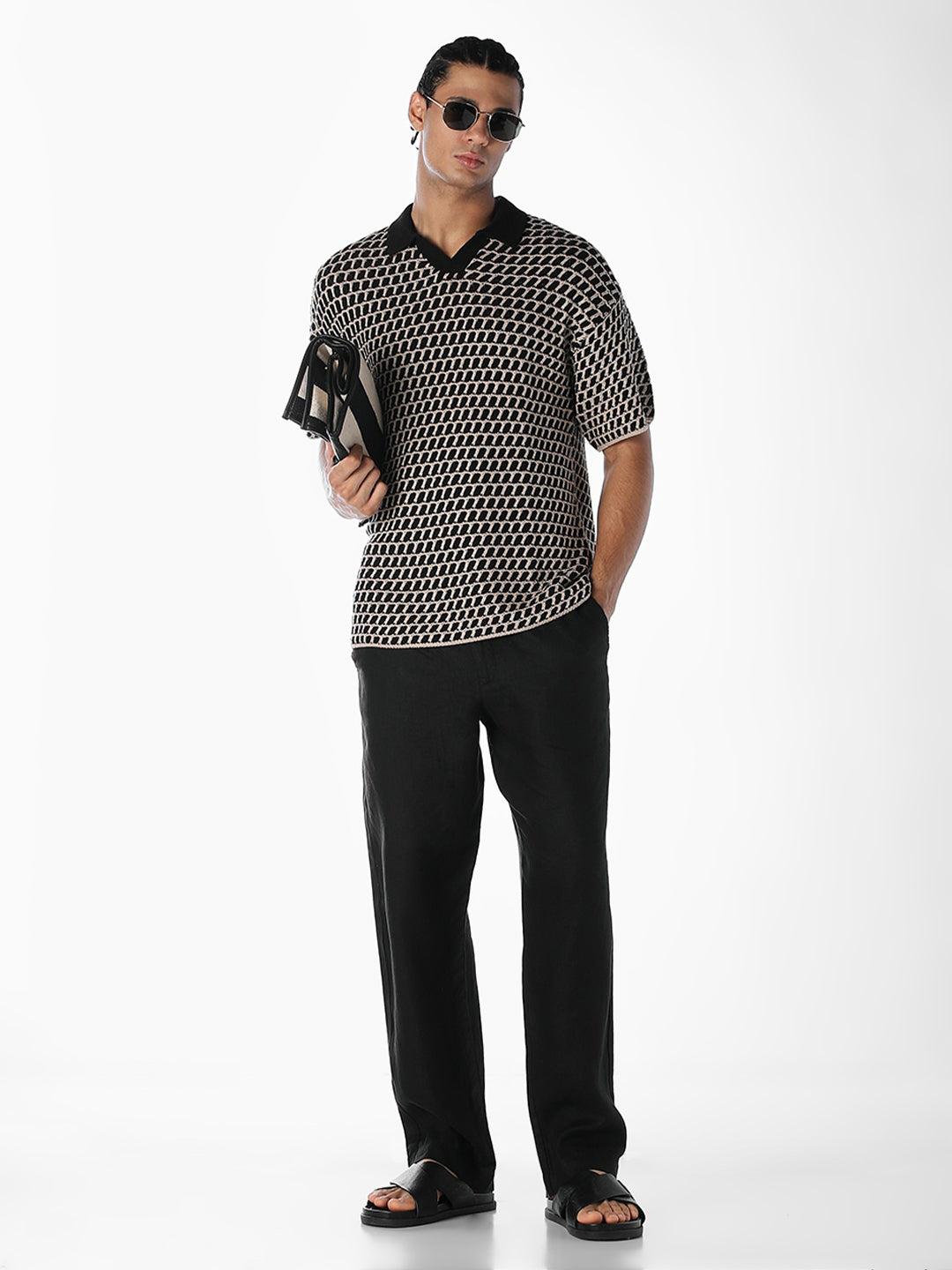 Jacquard Knitted Split Neck Polo