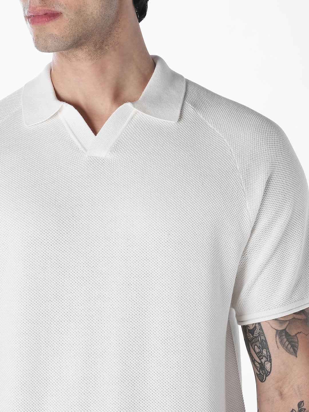 White Split Neck Knitted Polo