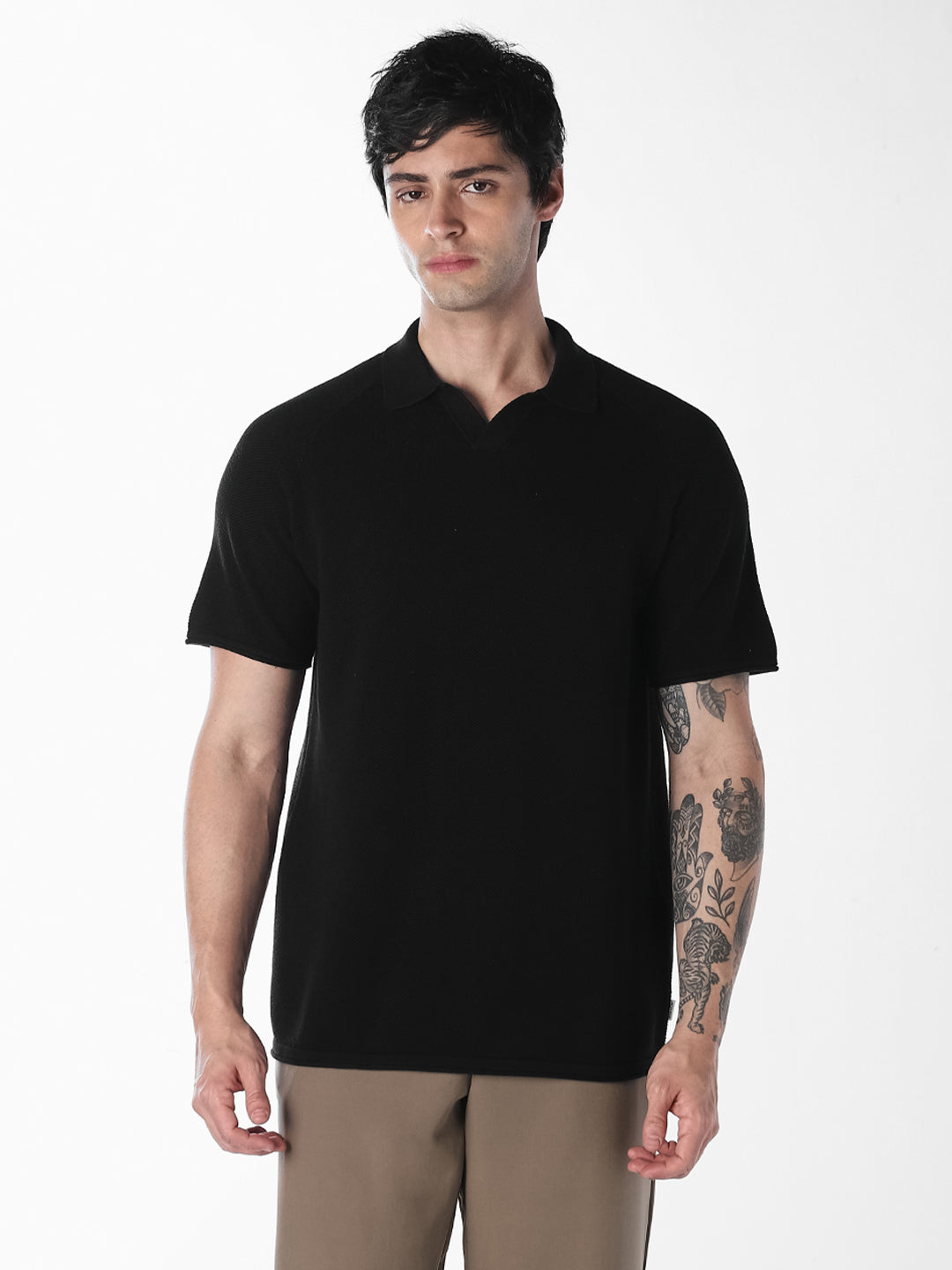 Black Split Neck Knitted Polo