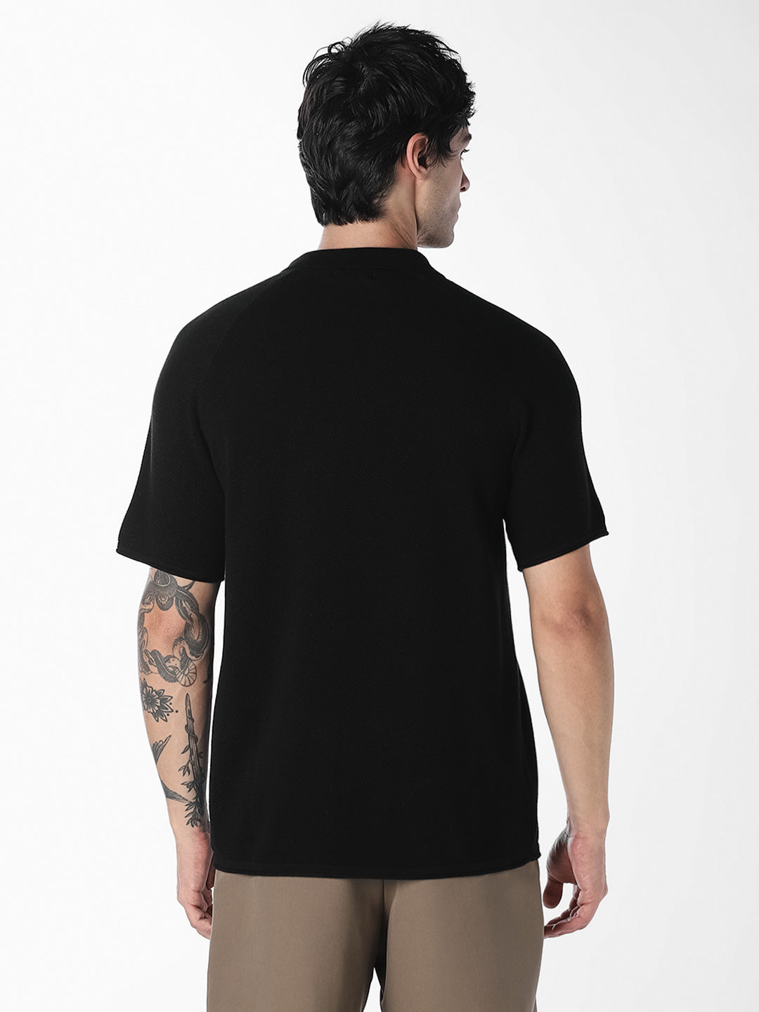 Black Split Neck Knitted Polo