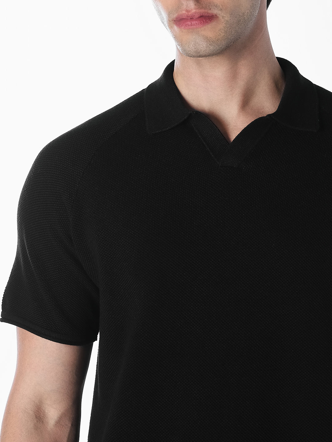 Black Split Neck Knitted Polo