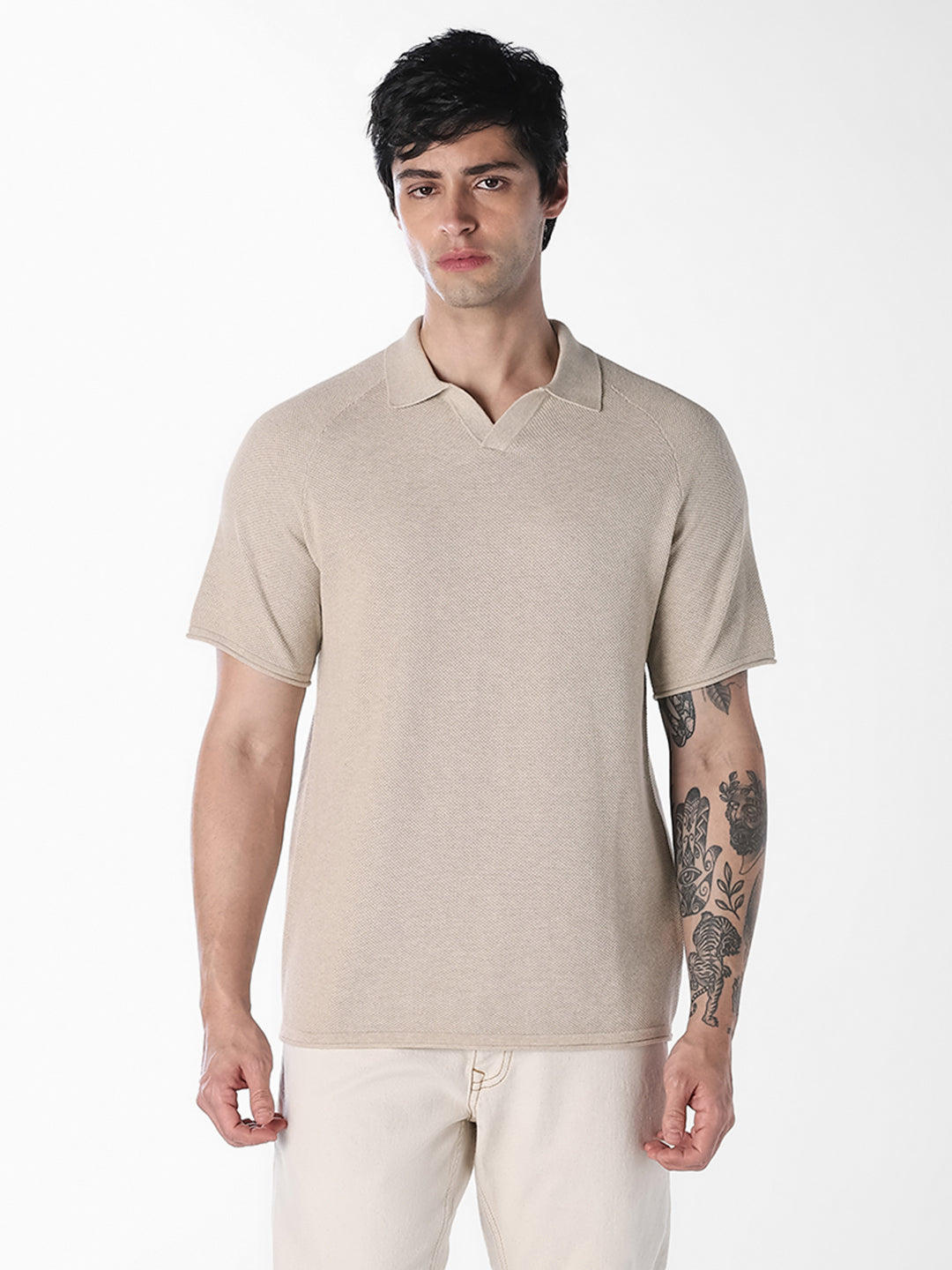Beige Split Neck Knitted Polo