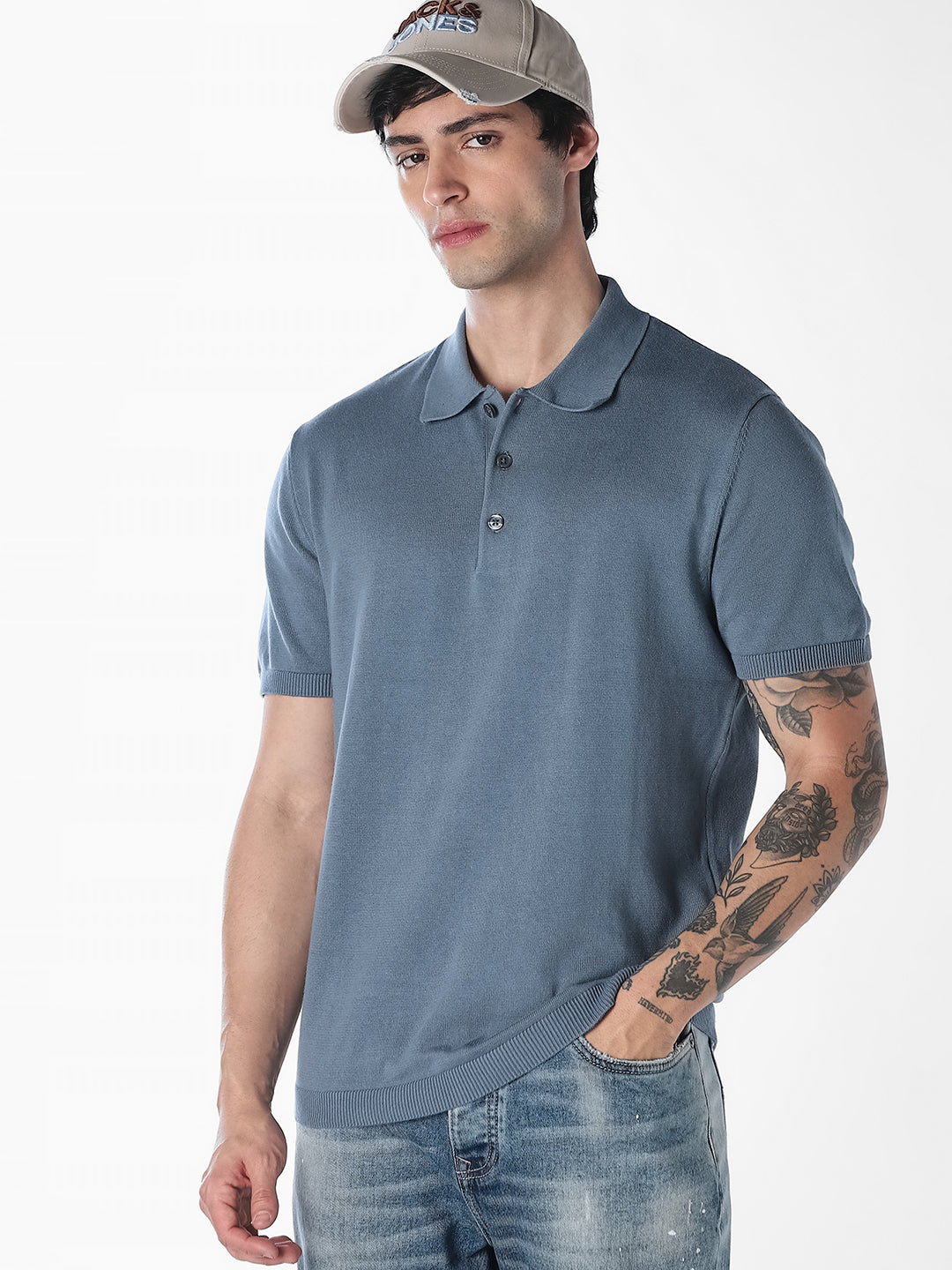 Blue Knitted Cotton Polo - S