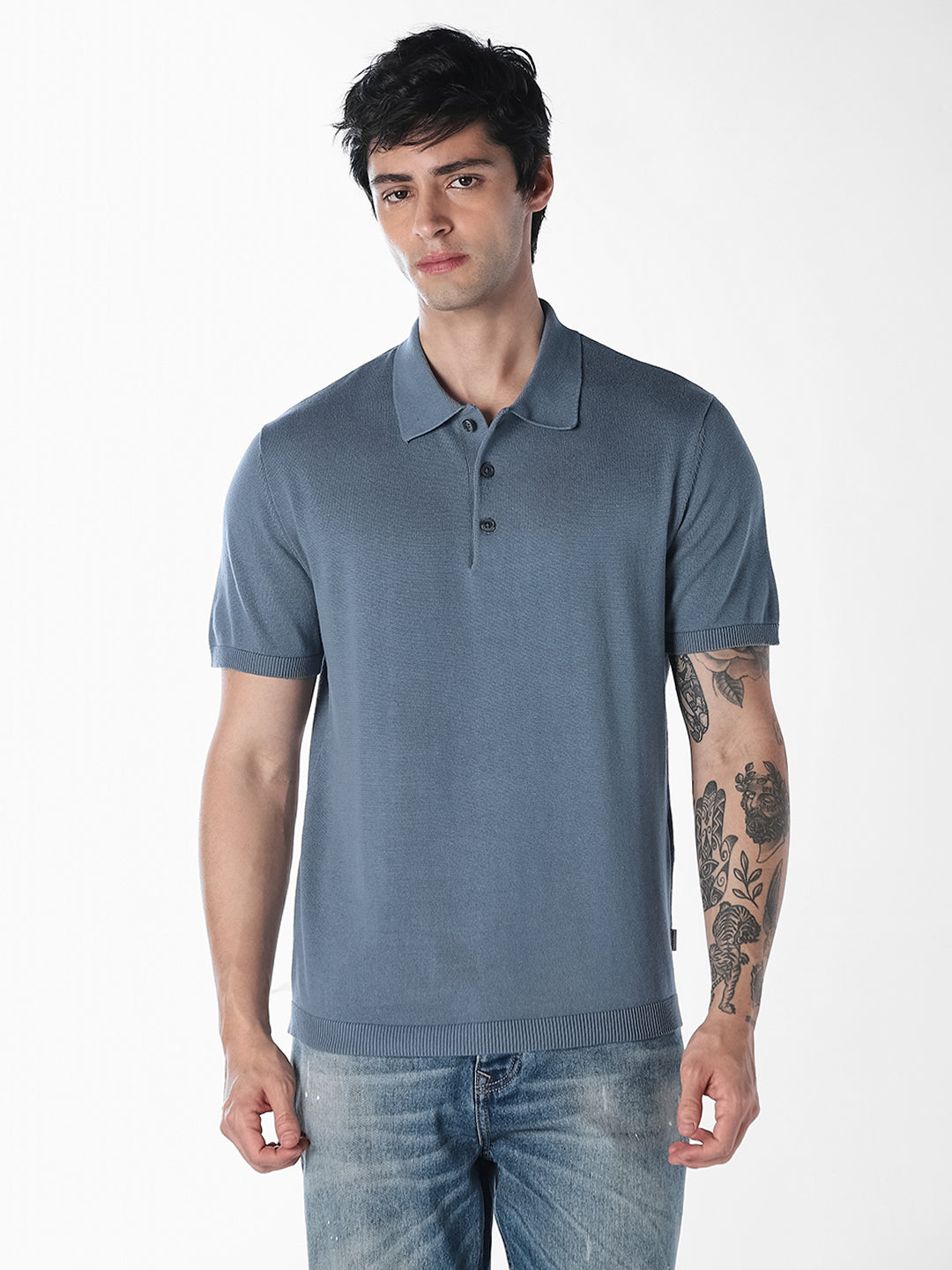 Blue Knitted Cotton Polo