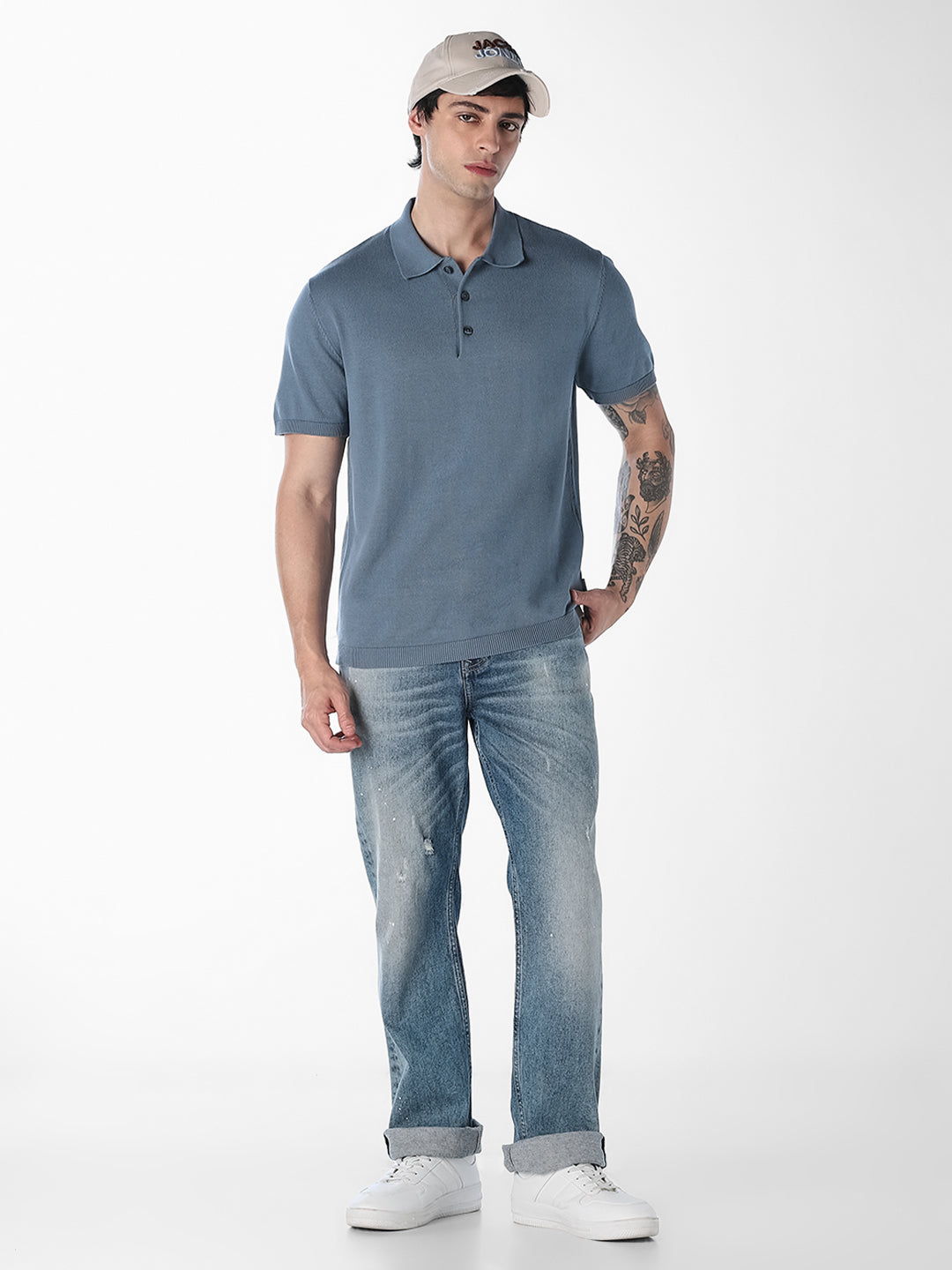 Blue Knitted Cotton Polo