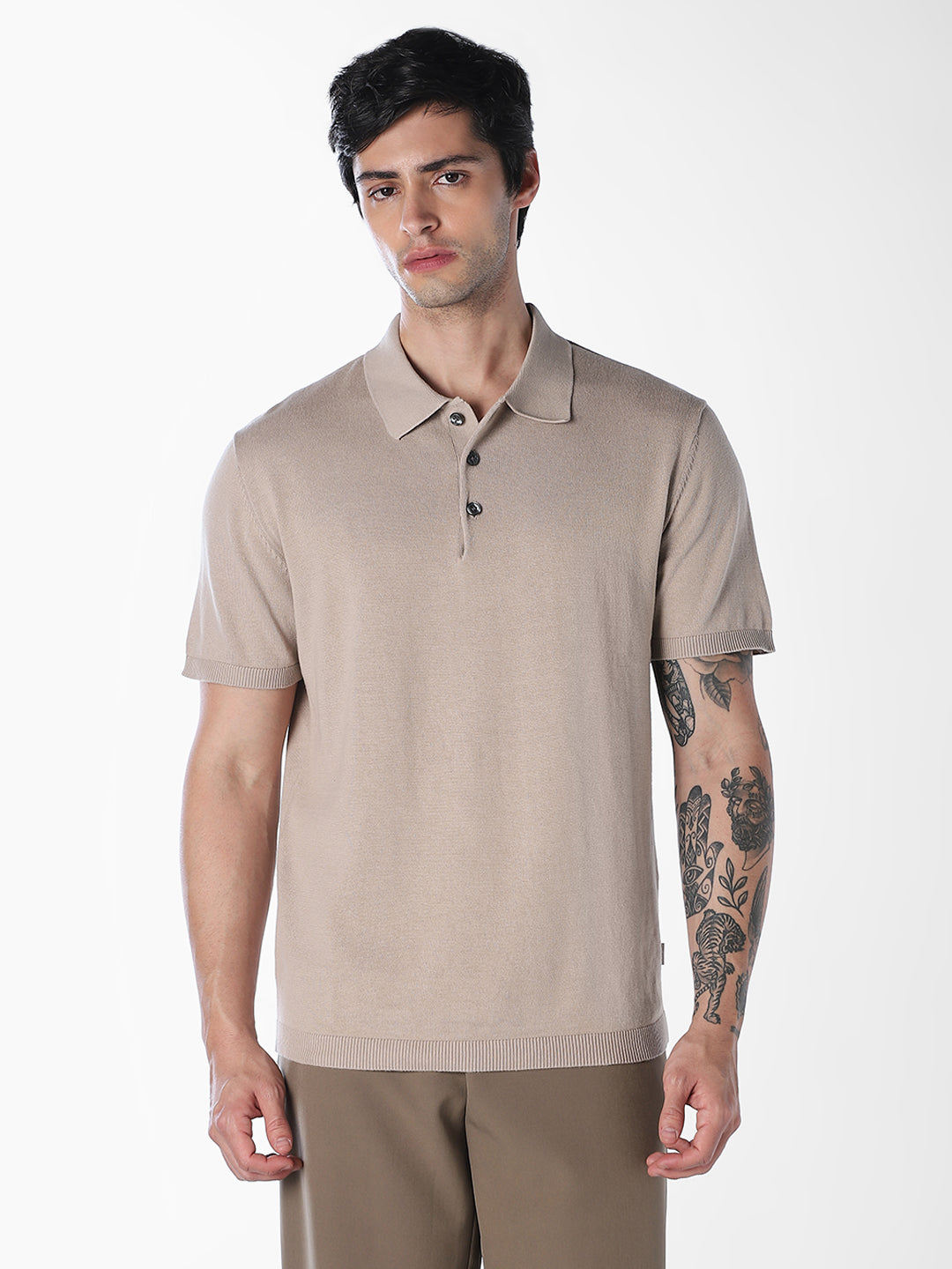 Beige Knitted Cotton Polo