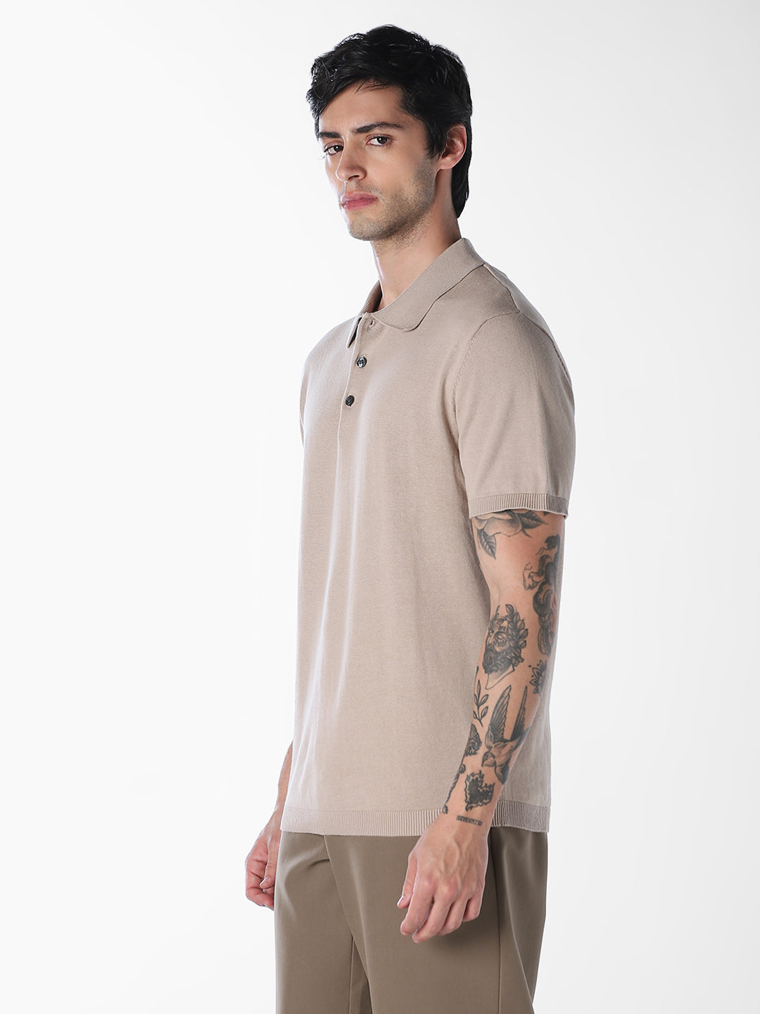Beige Knitted Cotton Polo