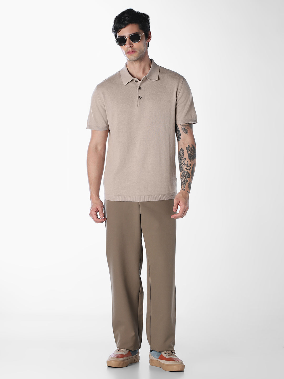Beige Knitted Cotton Polo
