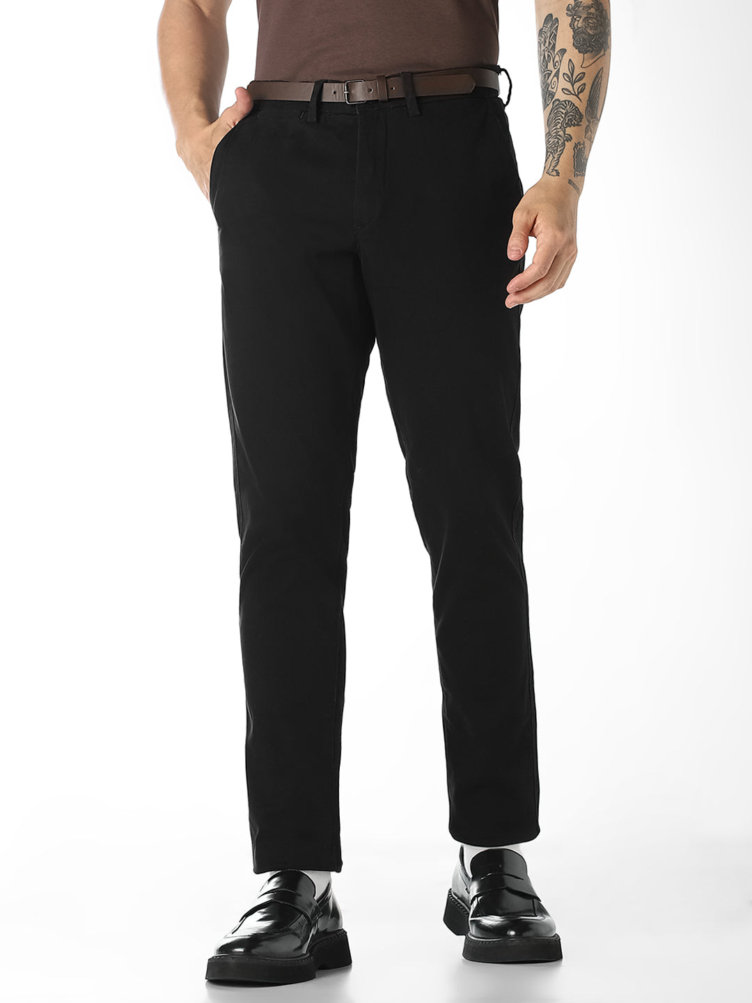 Black Belted Regular Fit Chinos