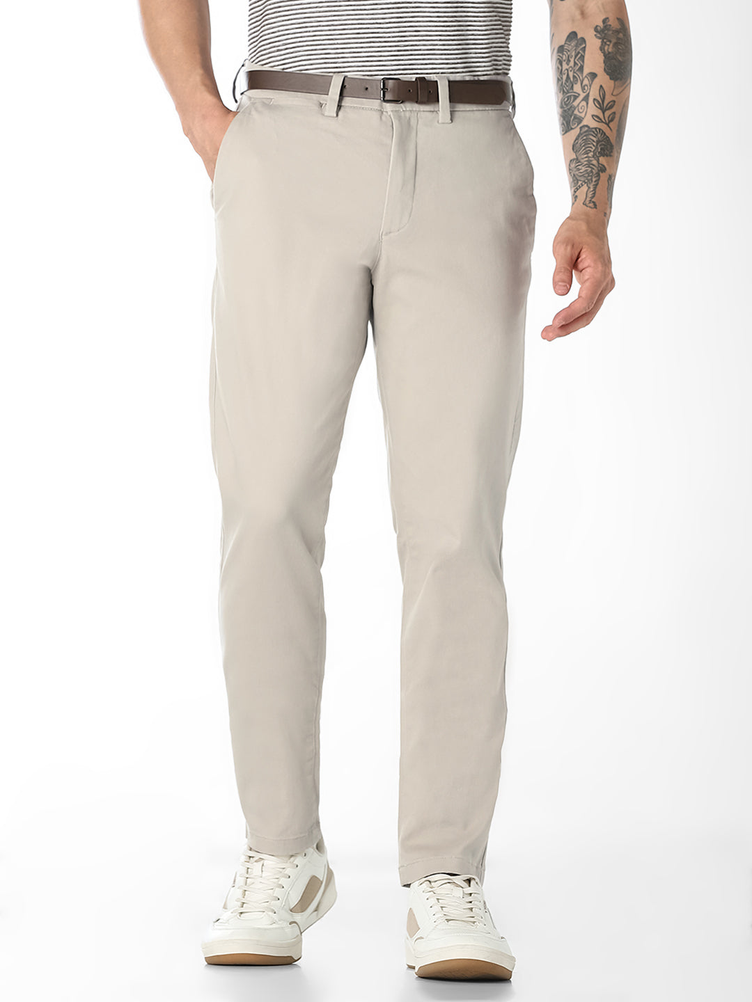Beige Belted Regular Fit Chinos