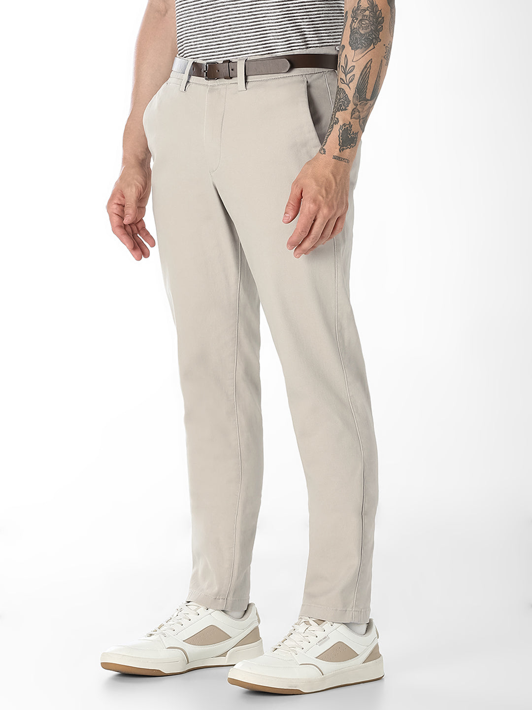 Beige Belted Regular Fit Chinos