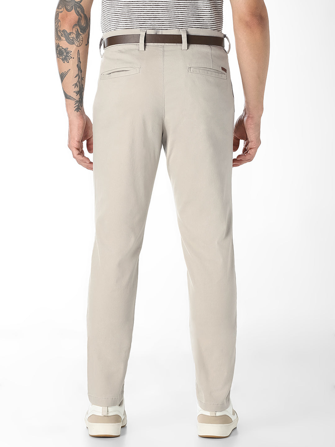 Beige Belted Regular Fit Chinos
