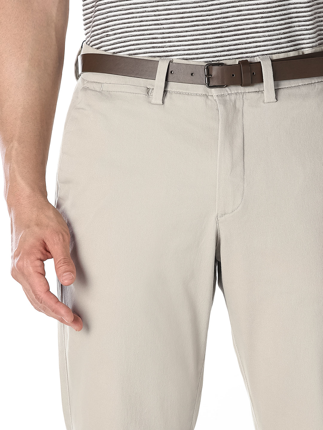 Beige Belted Regular Fit Chinos