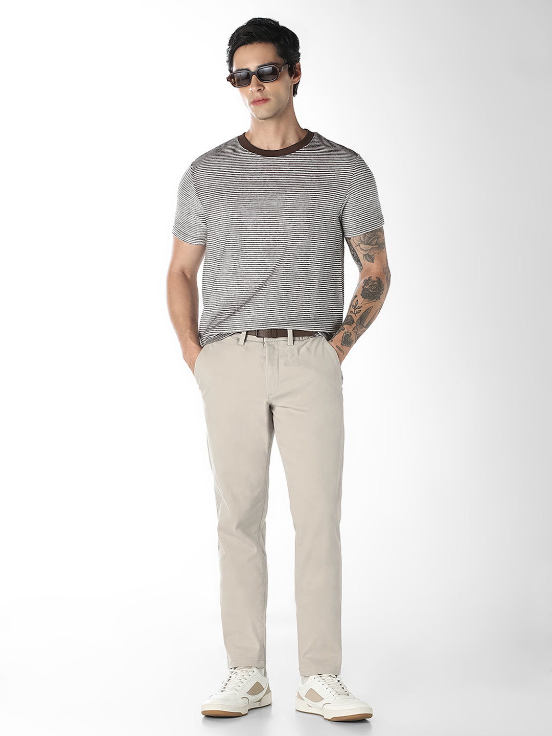 Beige Belted Regular Fit Chinos