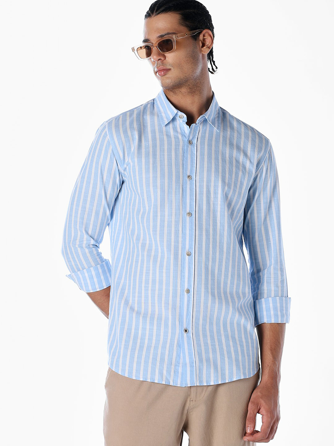 Striped Cotton Slub Shirt - Blue - XL
