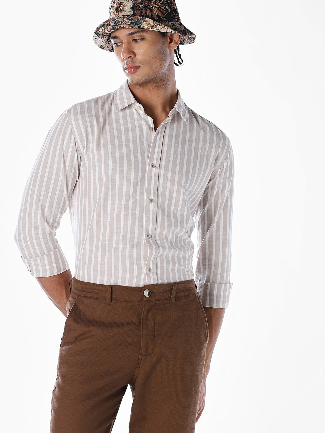 Striped Cotton Slub Shirt - Brown - L