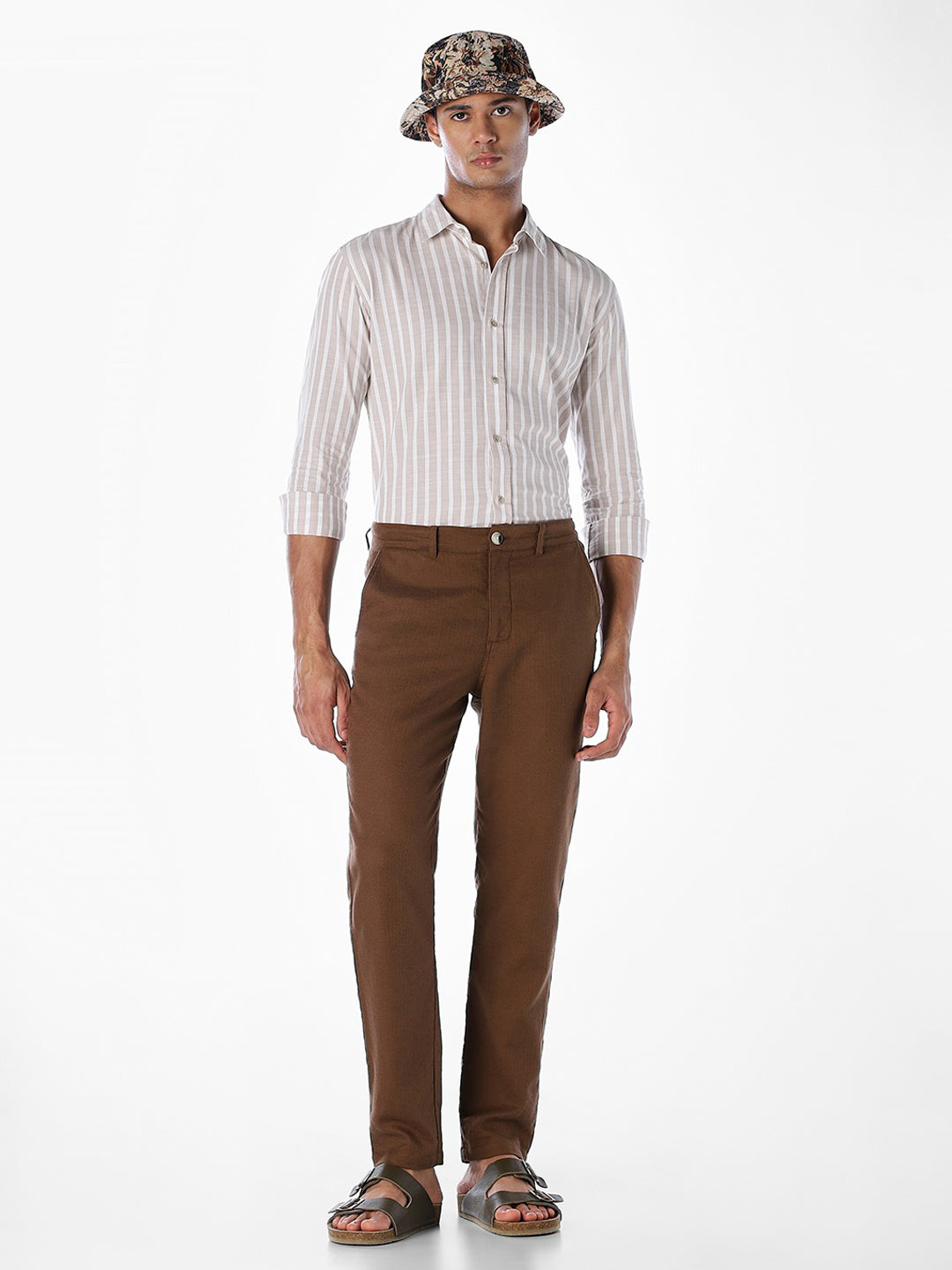 Striped Cotton Slub Shirt - Brown