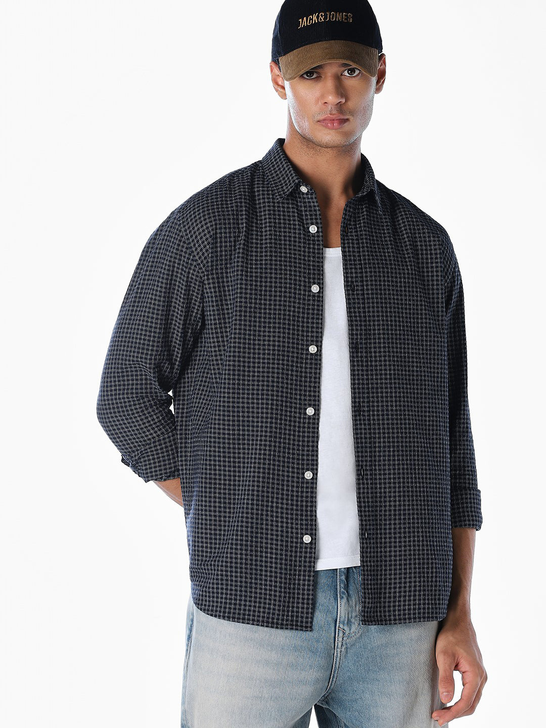 Blue Seersucker Check Shirt - XL