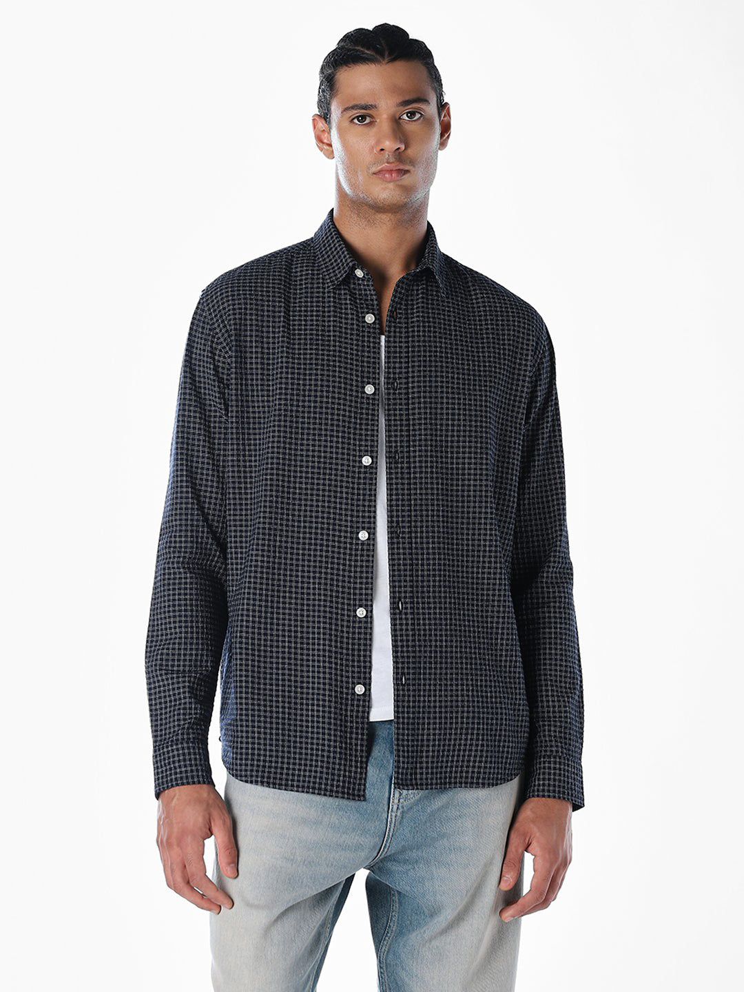 Blue Seersucker Check Shirt
