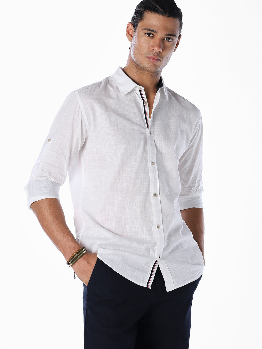 Cotton Slub Full Sleeves Shirt - White - M