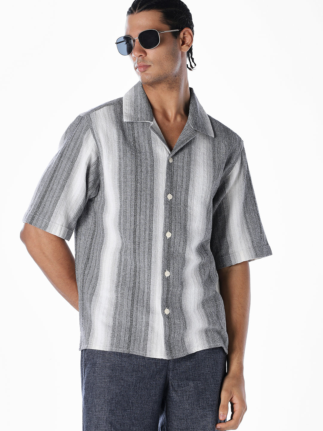 Striped Dobby Resort Collar Shirt - Black - S