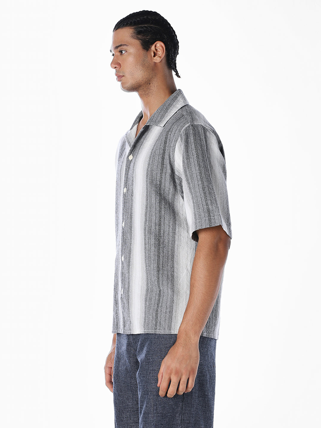 Striped Dobby Resort Collar Shirt - Black