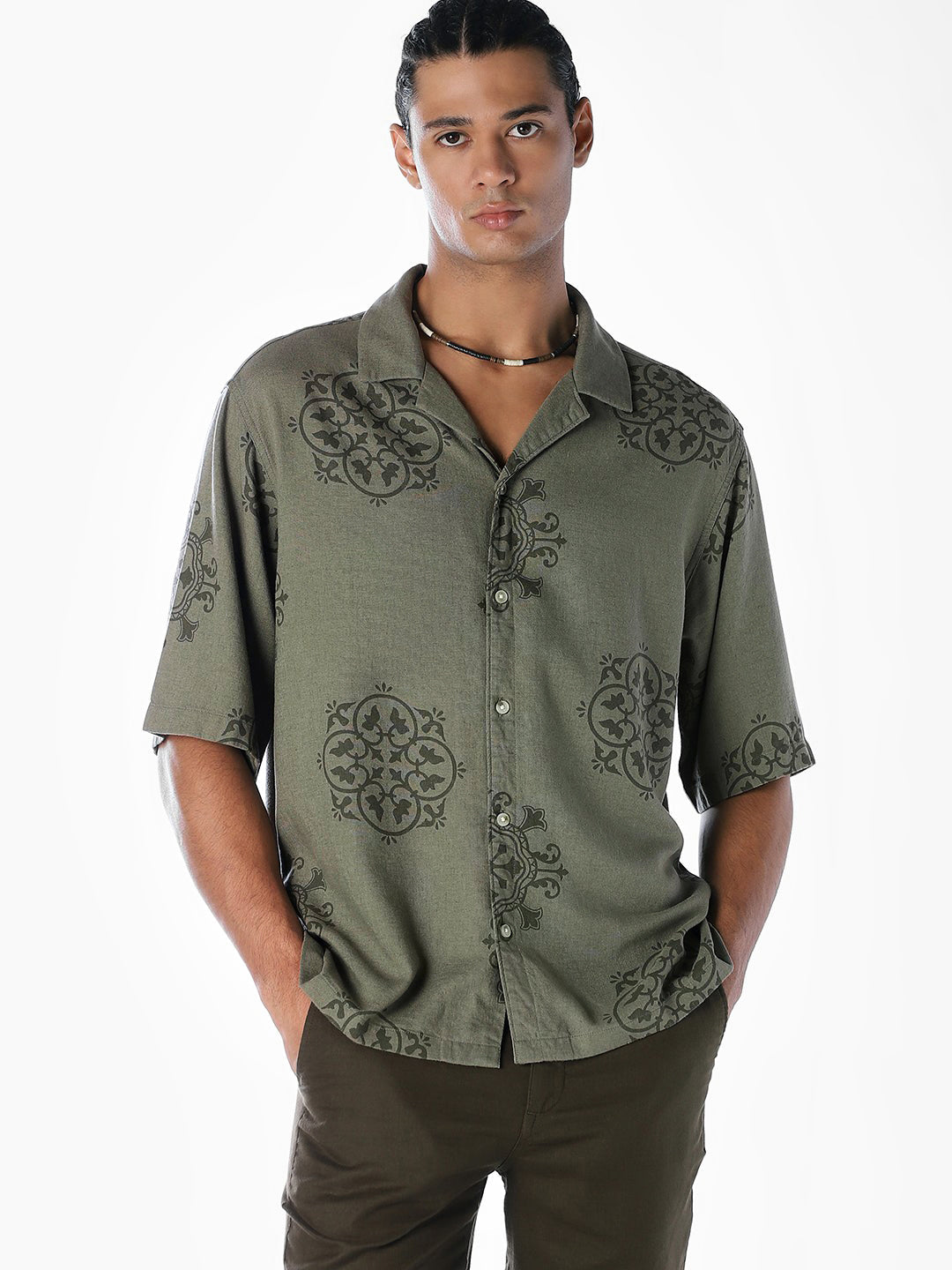 Linen Blend Printed Oversized Shirt - Green - S