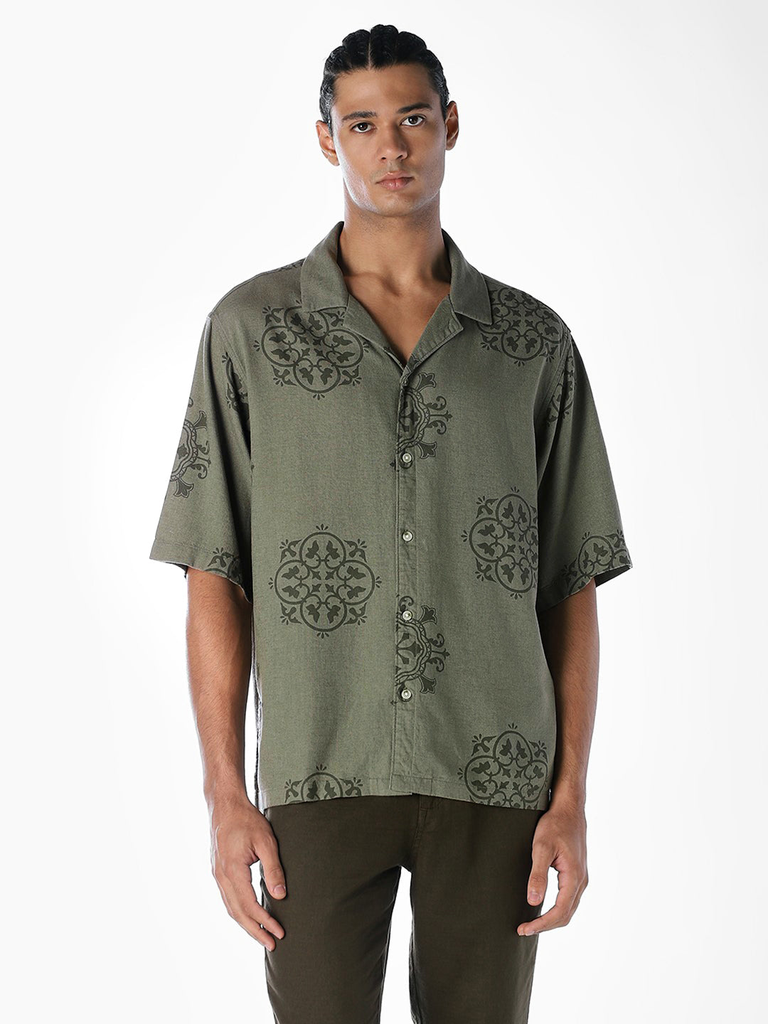 Linen Blend Printed Oversized Shirt - Green