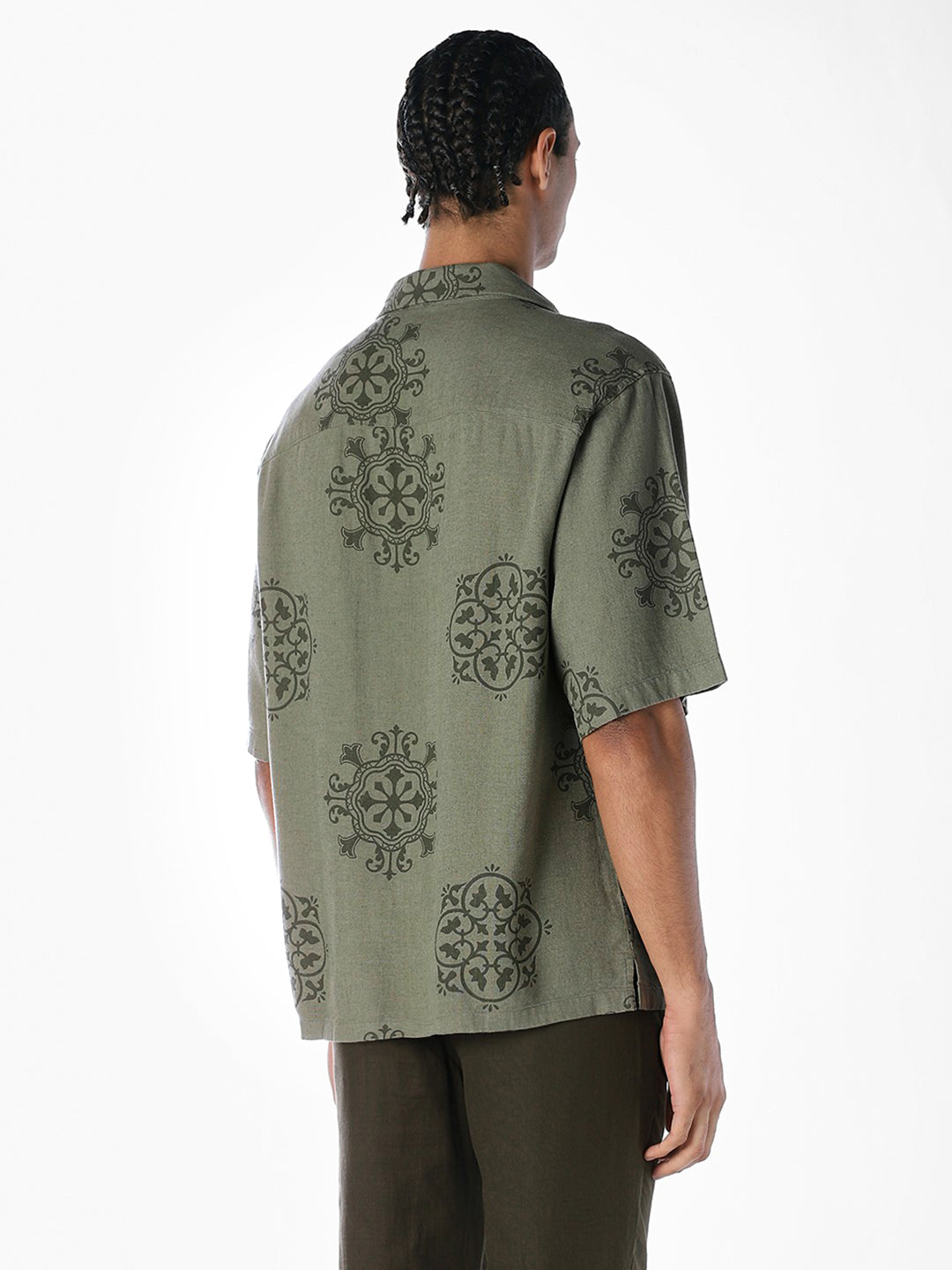 Linen Blend Printed Oversized Shirt - Green