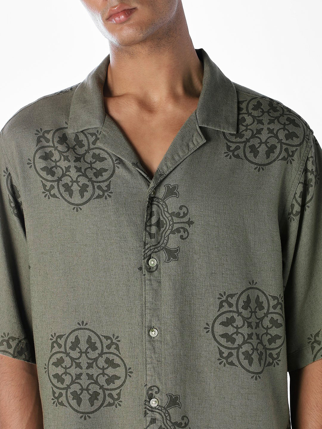 Linen Blend Printed Oversized Shirt - Green