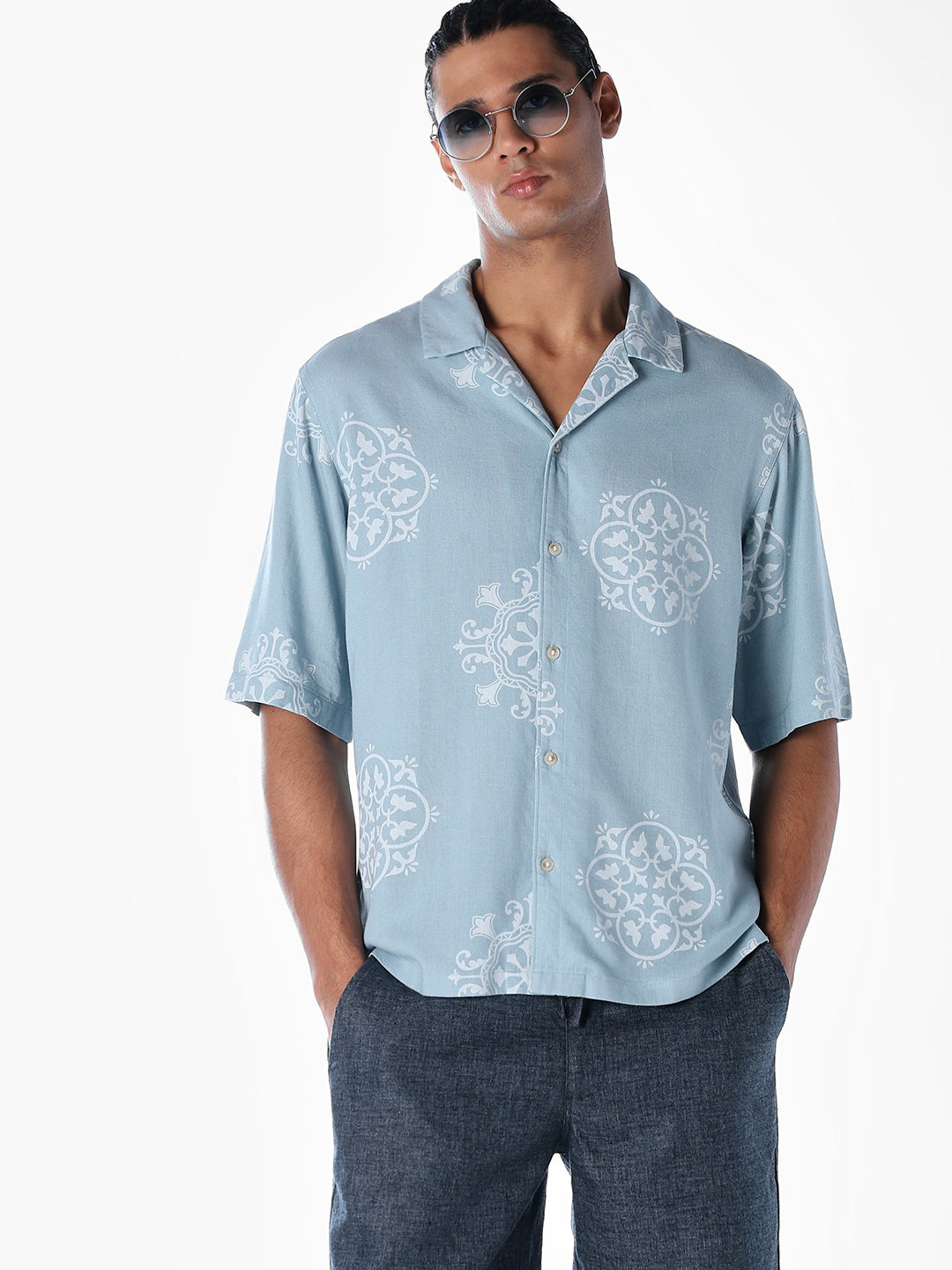 Linen Blend Printed Oversized Shirt - Blue