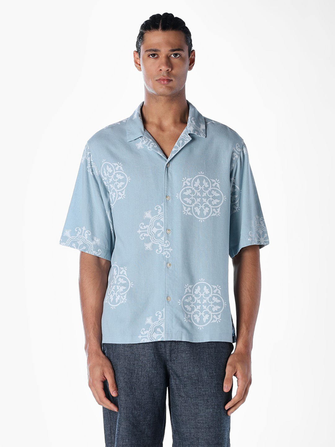 Linen Blend Printed Oversized Shirt - Blue