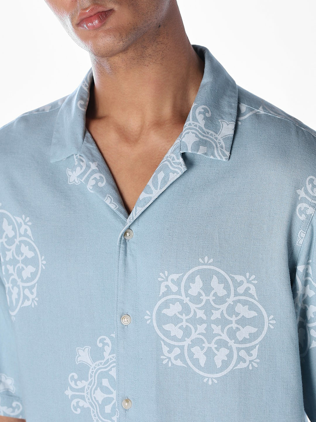 Linen Blend Printed Oversized Shirt - Blue