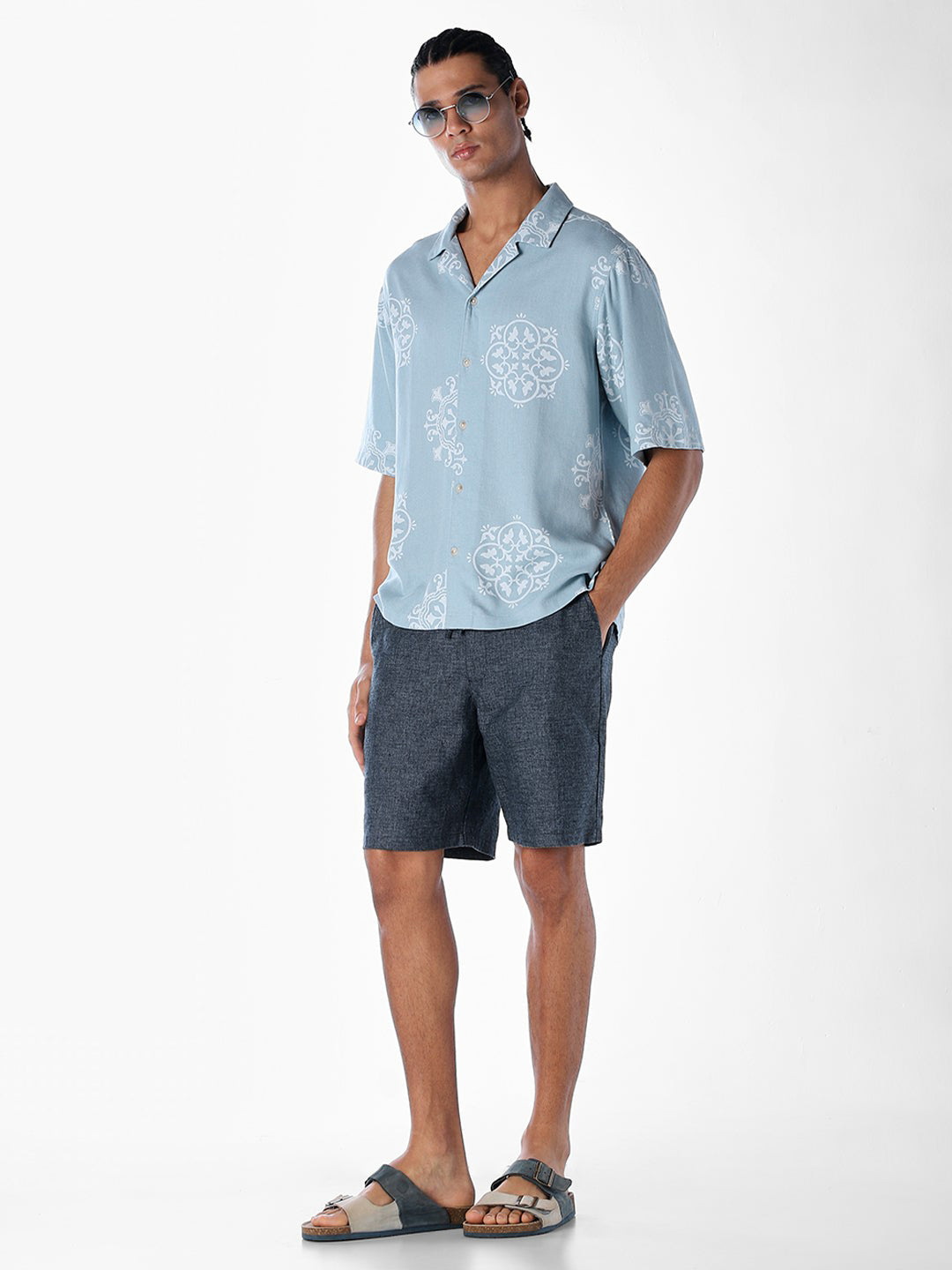 Linen Blend Printed Oversized Shirt - Blue