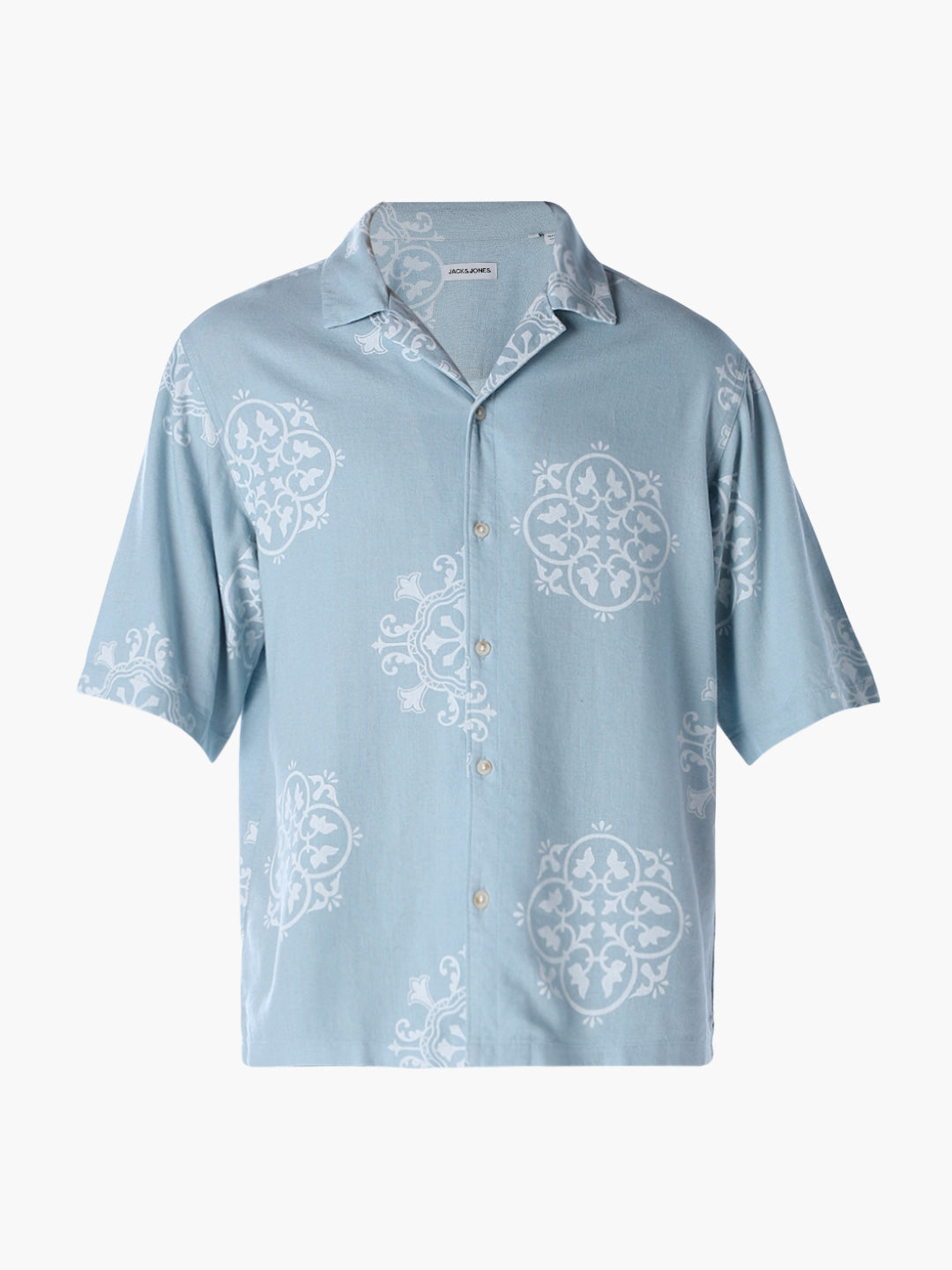 Linen Blend Printed Oversized Shirt - Blue