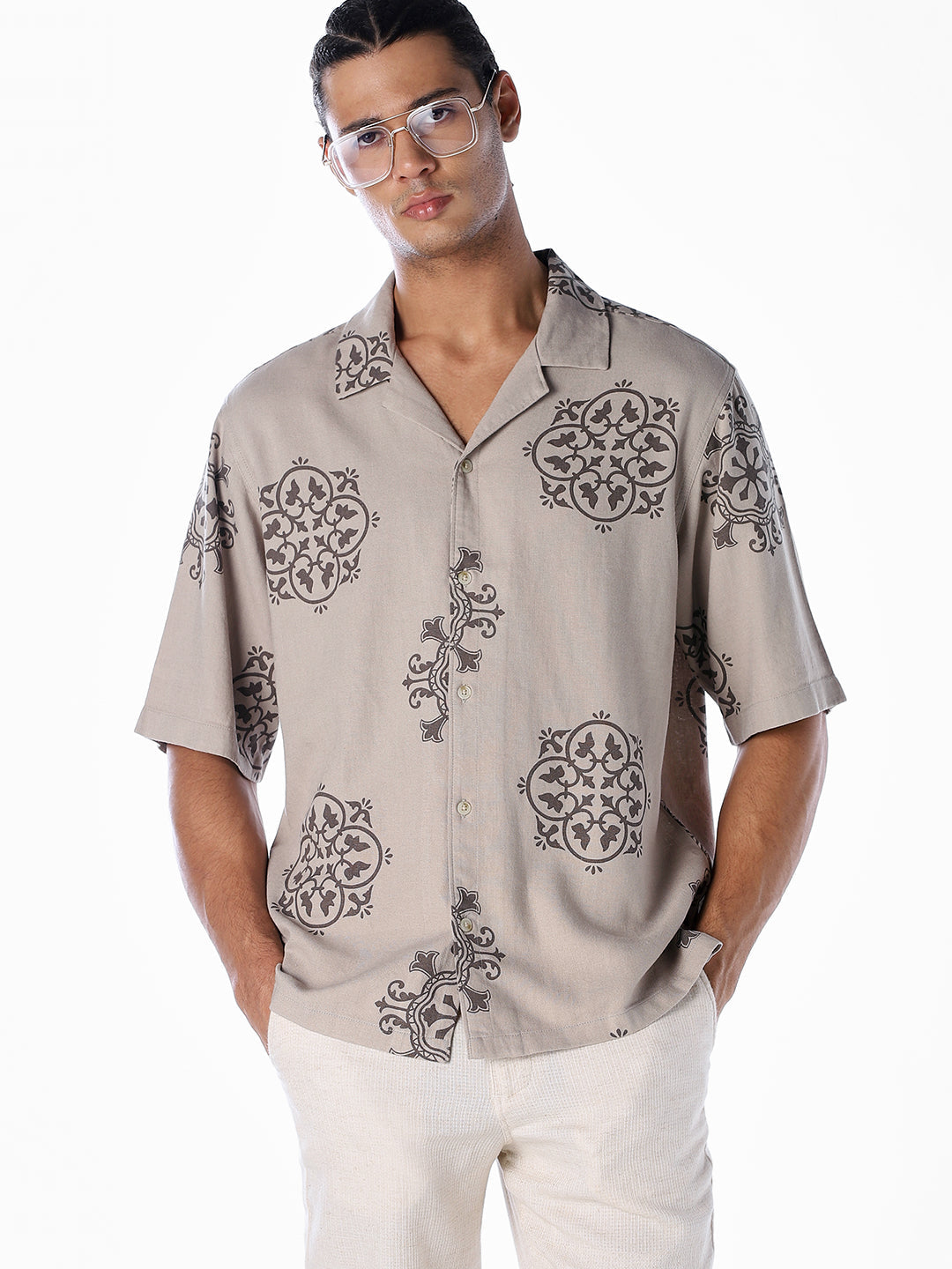Linen Blend Printed Oversized Shirt - Light Brown - L