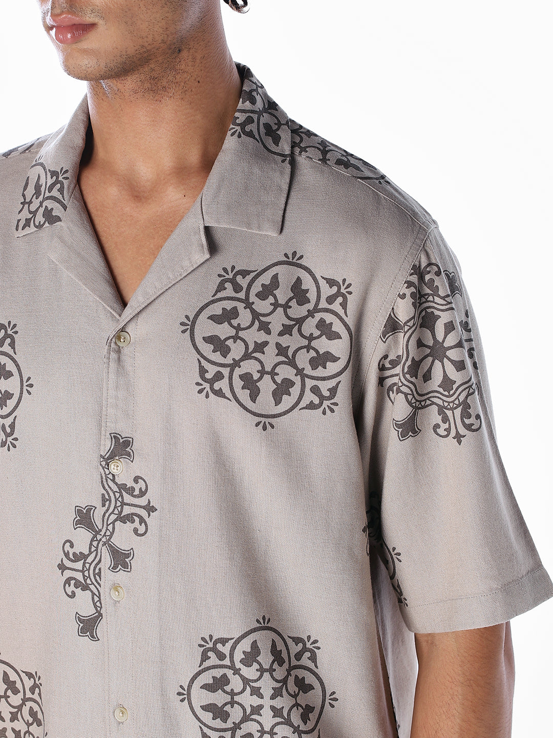 Linen Blend Printed Oversized Shirt - Light Brown