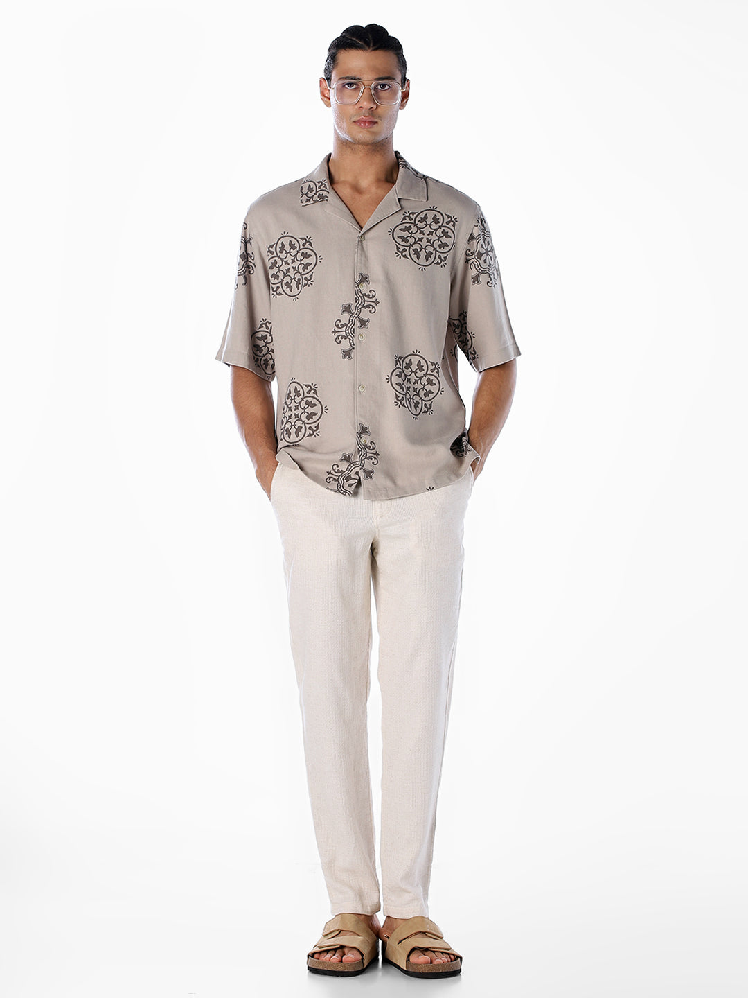 Linen Blend Printed Oversized Shirt - Light Brown