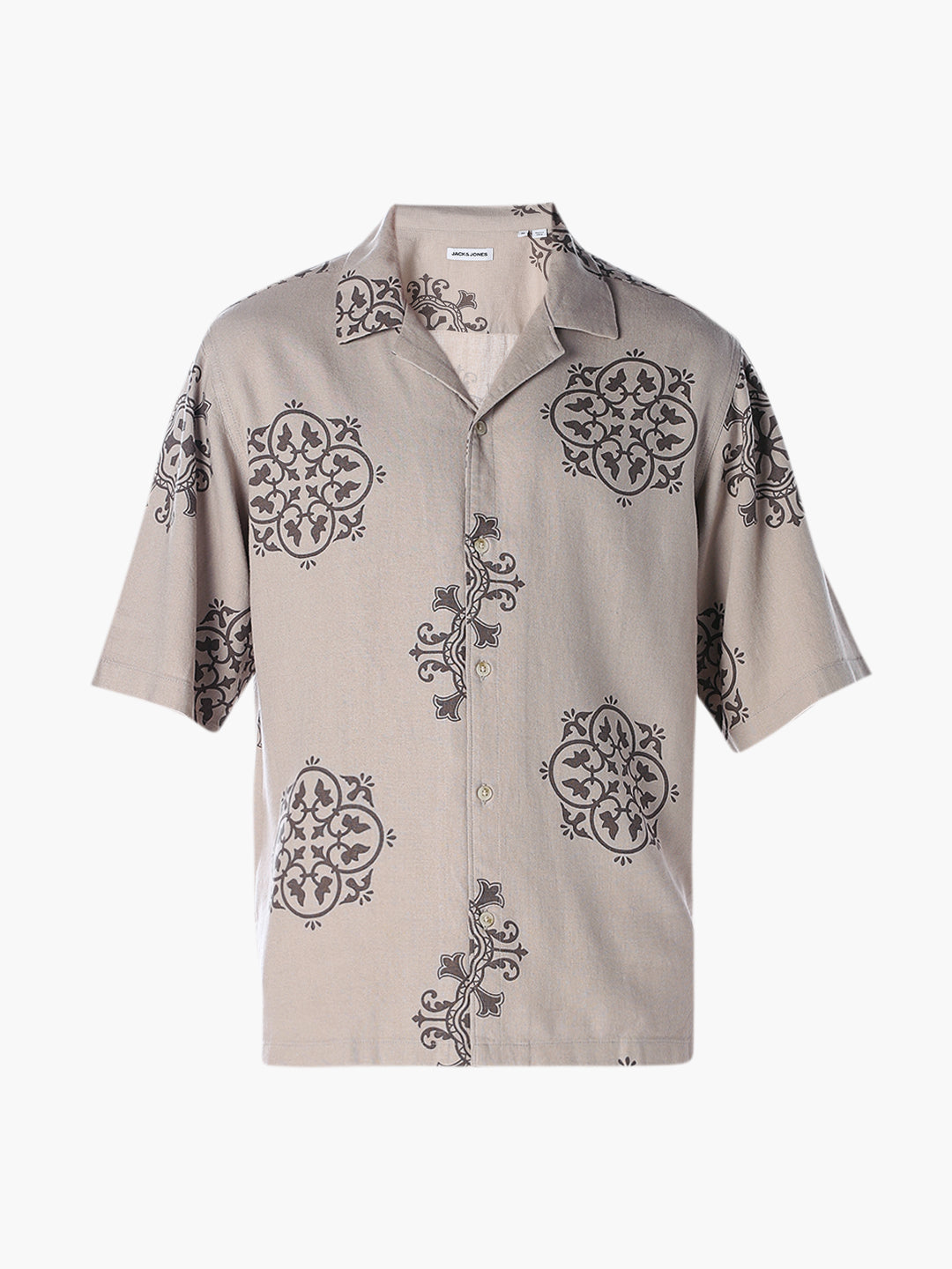Linen Blend Printed Oversized Shirt - Light Brown