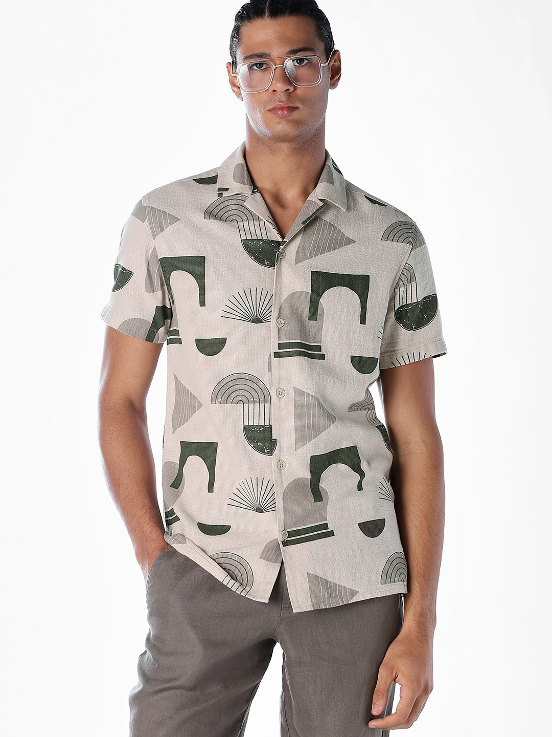 Printed Comfort Fit Shirt - Light Beige