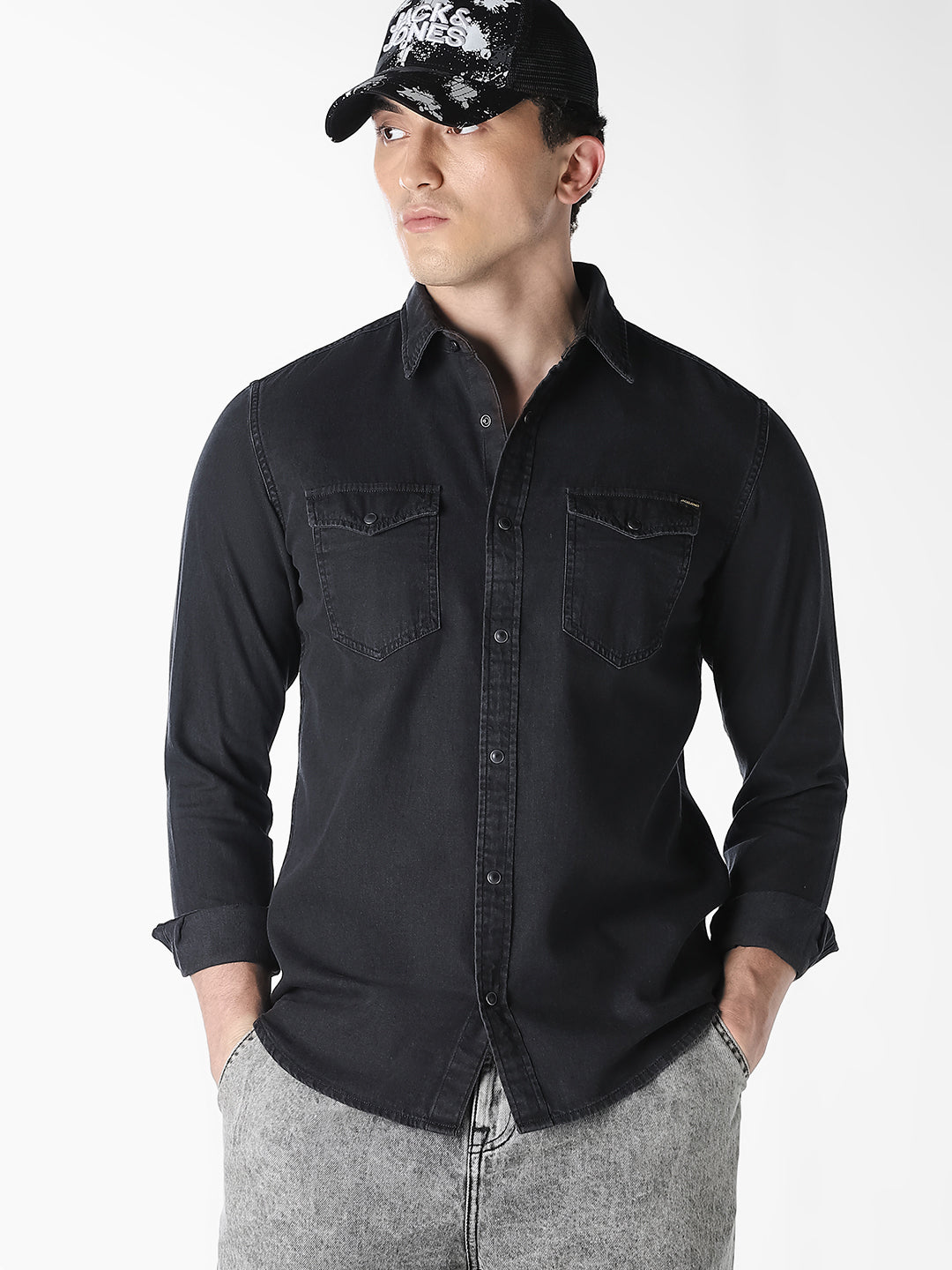 Black Slim Fit Denim Shirt