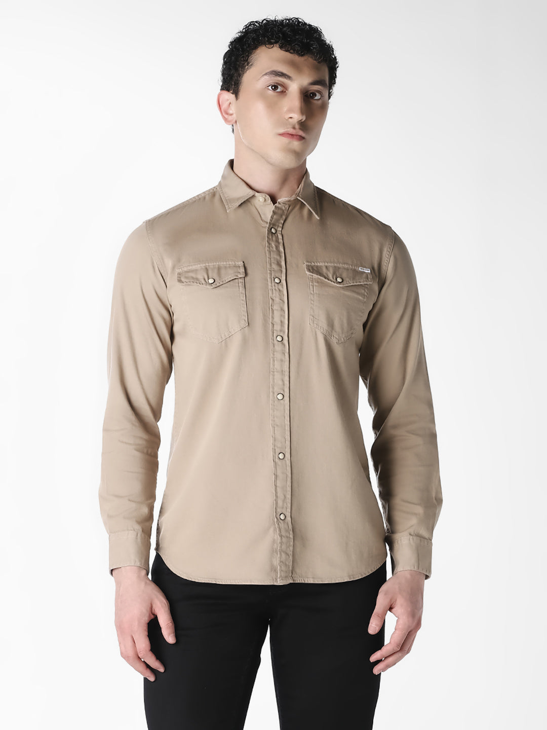 Beige Slim Fit Denim Shirt
