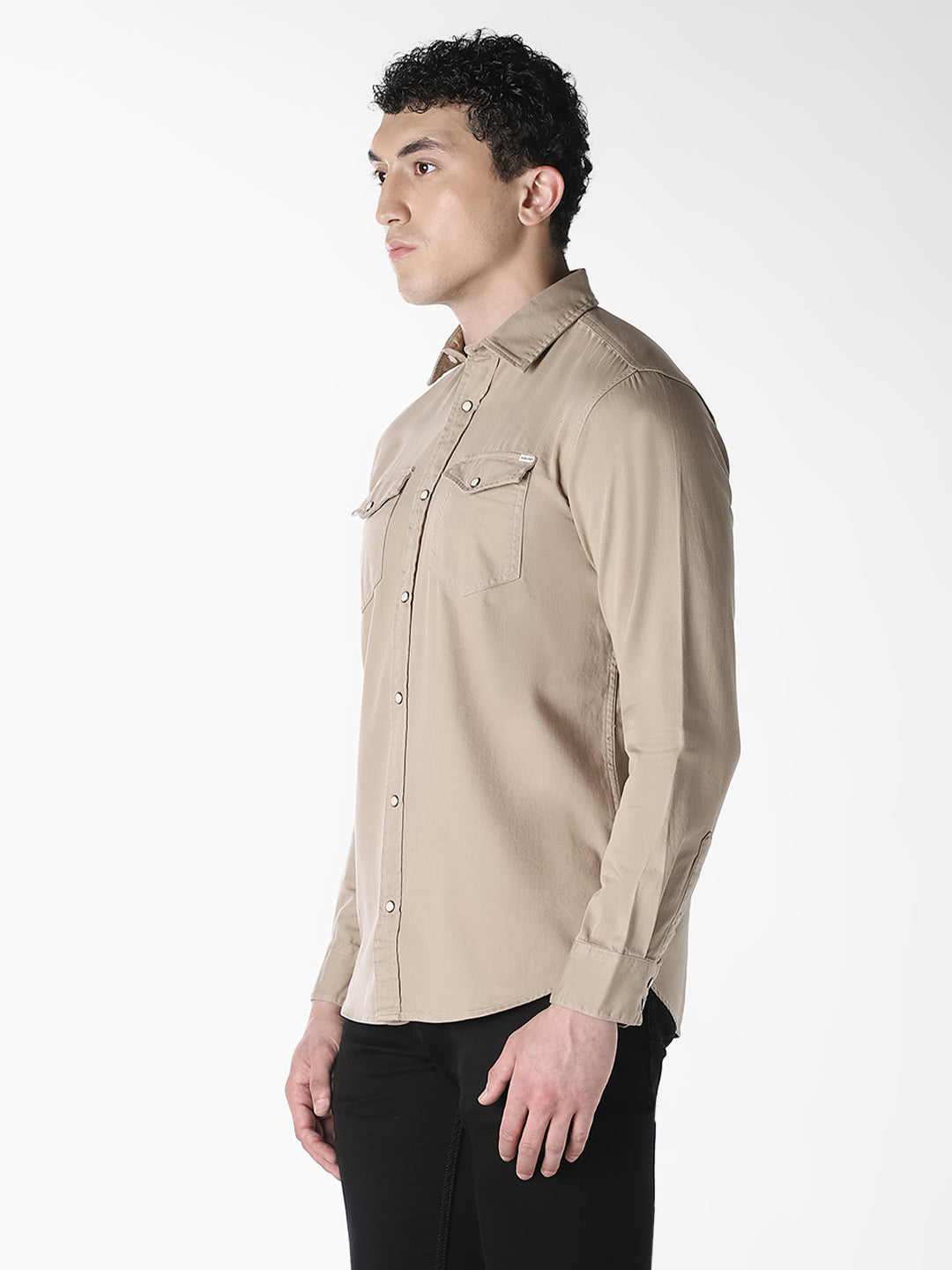 Beige Slim Fit Denim Shirt