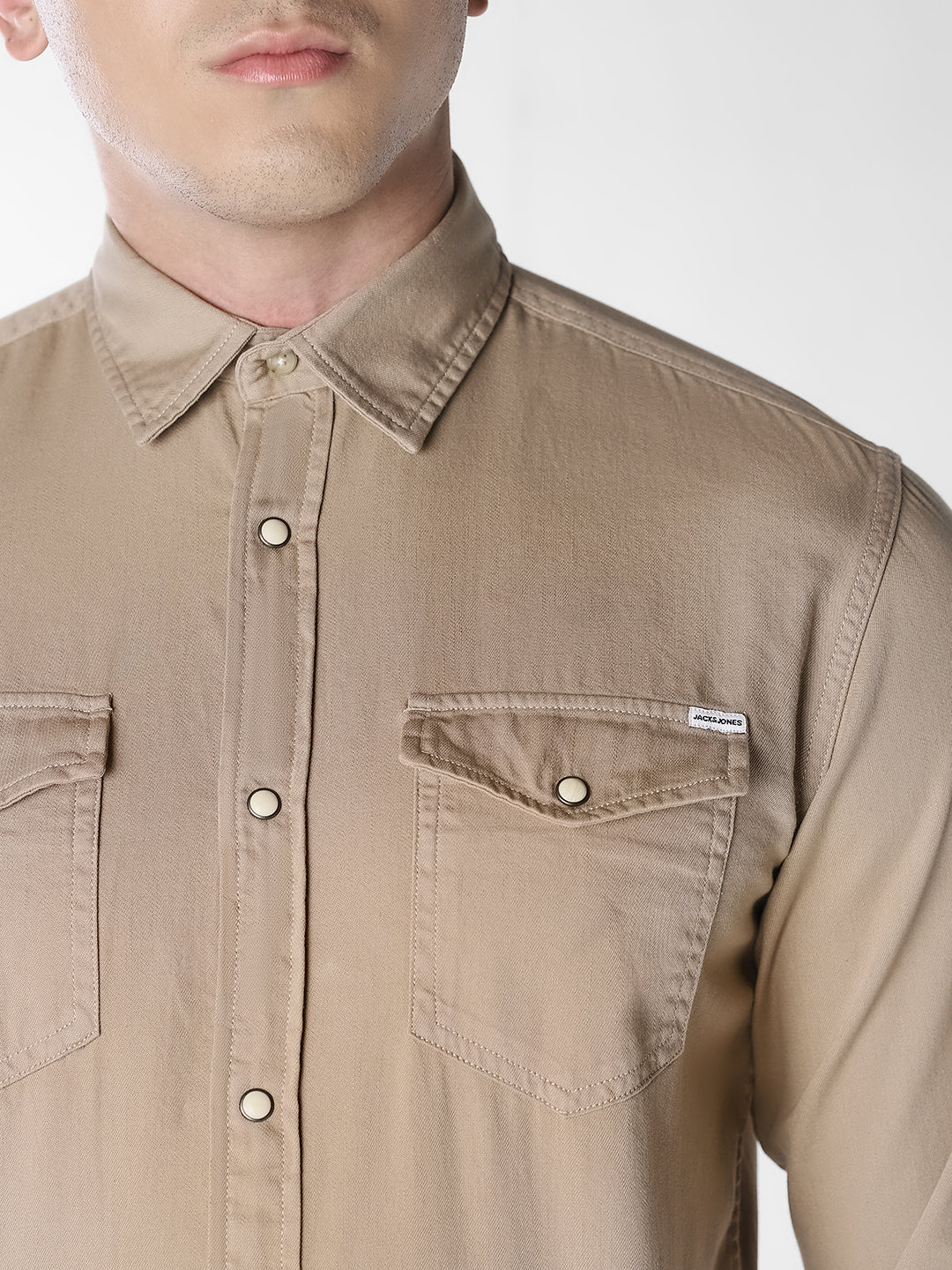 Men's Beige Organic Cotton Denim Shirt - Regular Fit
