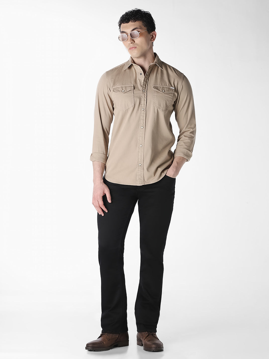 Men's Beige Organic Cotton Denim Shirt - Regular Fit