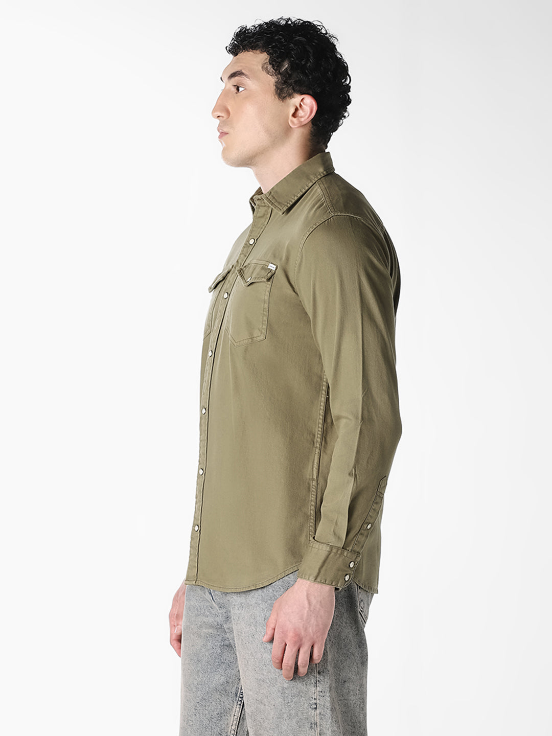 Men's Organic Cotton Denim Shirt In Forest Night With Flap Pockets