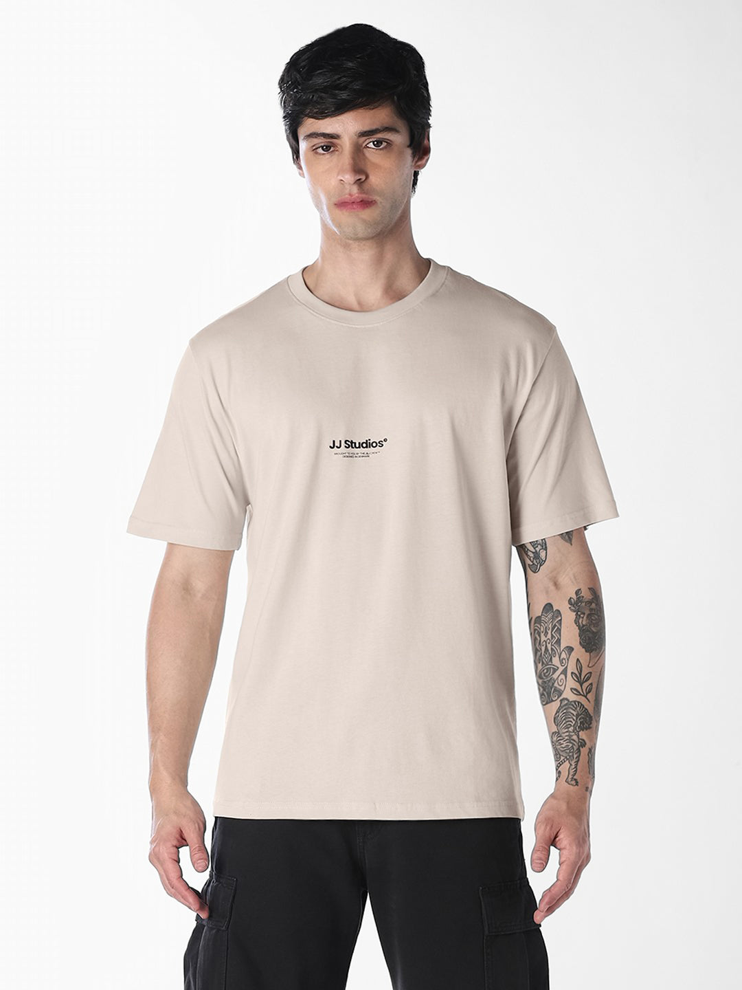 Men Organic Cotton Relaxed Fit Beige Crew Neck Printed T-Shirt