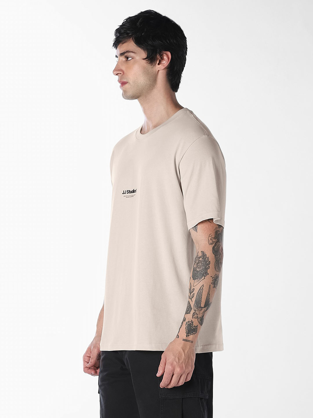 Men Organic Cotton Relaxed Fit Beige Crew Neck Printed T-Shirt